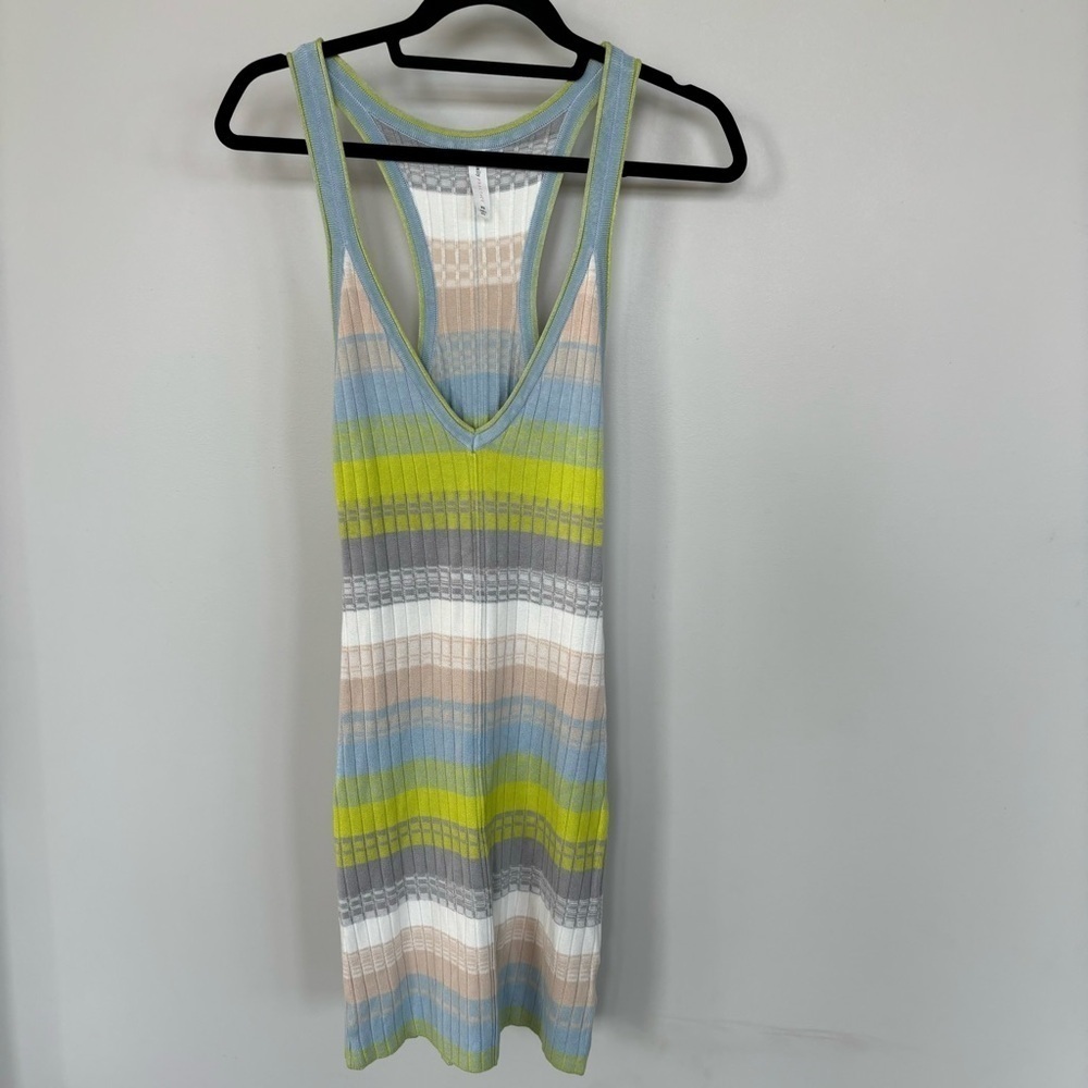 Pastel Striped V-Neck Mini Dress in Blue, Green & Cream